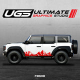 White SUV with red mountain graphics on a gray background, featuring Ultimate Graphics Studio logo.