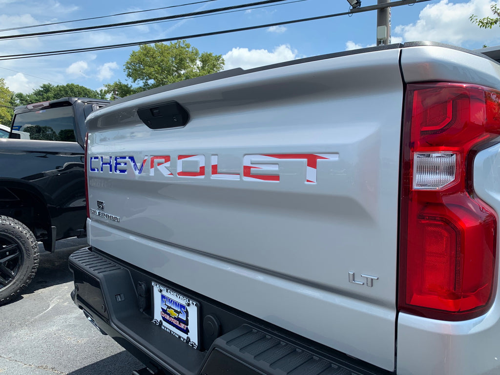 AFX-TRIMS 3D Raised US Flag Tailgate Letters – Domed, Gloss Finish – For 2019-2025 Chevy Silverado, Made In USA